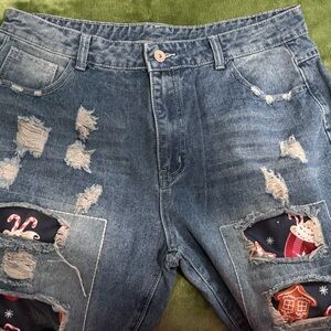 Distressed Christmas Patchwork Jeans | Hot Cocoa & Gingerbread Holiday Denim